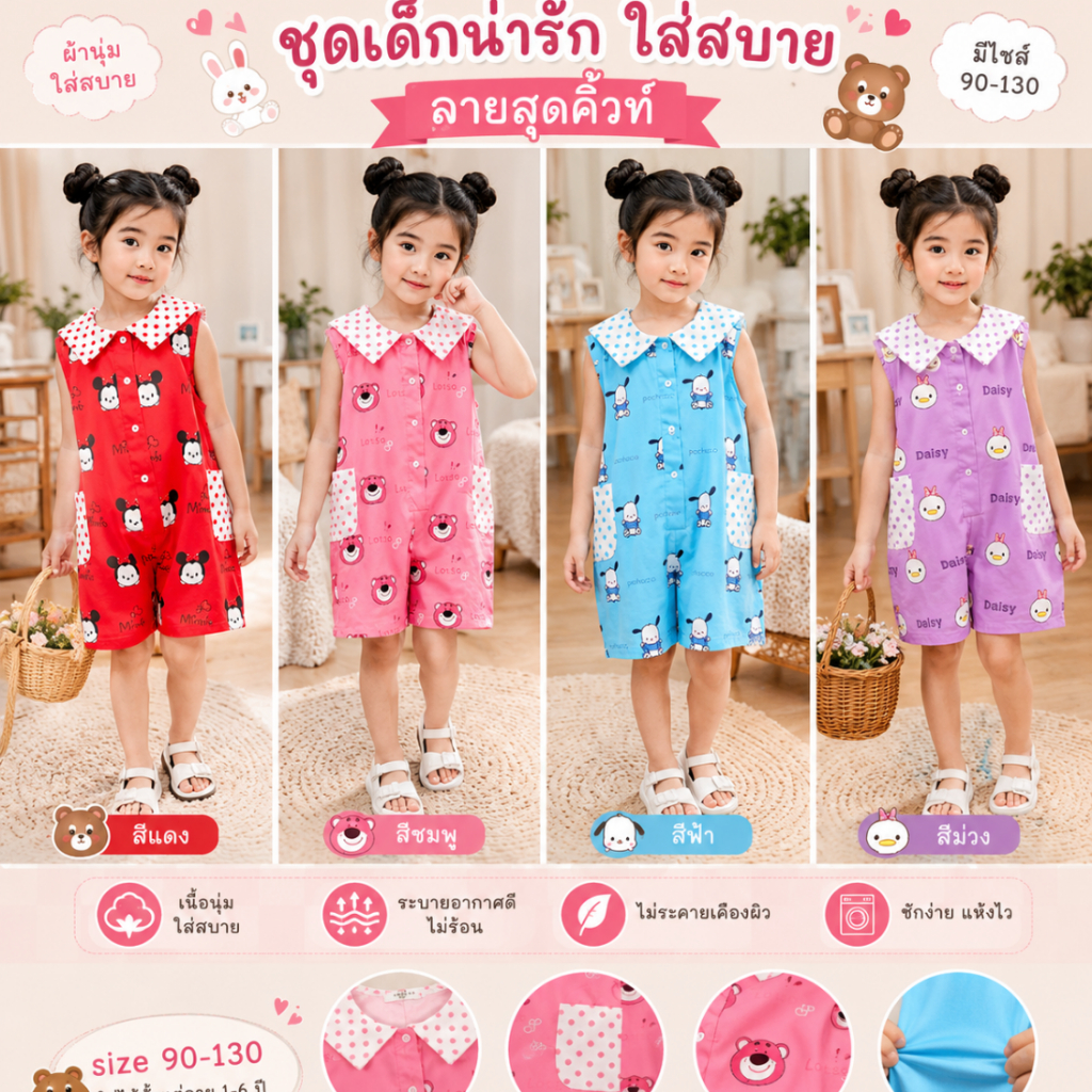 ชุดเด็กผู้หญิงแบบจั๊ม ชุดหมี ชุดจั๊มเด็ก น่ารัก สดใส size 90-130