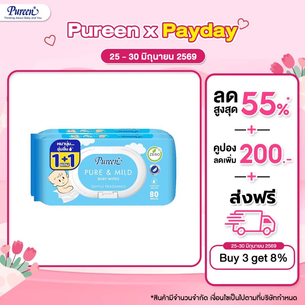 [1 แถม 1] Pureen เพียวรีน เบบี้ไวพส์ สูตรเพียวแอนด์มายด์ 80 แผ่น X2 ส่วนผสมอโรเวร่า และวิตามินอี กลิ่นหอม