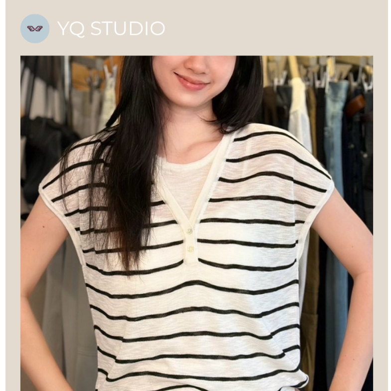 C89 YQ Korean Shop เสื้อคอวีลายริ้วขาวดำ 2 layer ป้ายYQ
