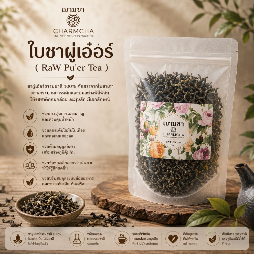 ใบชาผู่เอ๋อร์ (RaW Pu'er Tea) ใบชา พรีเมียม อุดมไปด้วยธาตุ ดื่มชาผ่อนคลาย ผู่เอ่อ ผู่เออ Charmcha ฌามชา ชาผูเอ่อ ยอดชา