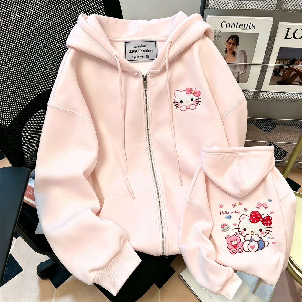 ซิปเต็ม Hoodie น่ารัก HelloKitty พิมพ์กับกระเป๋านุ่มหนาขนแกะหลวม Unisex ป้องกันแสงแดดสไตล์วินเทจแฟชั่น COD