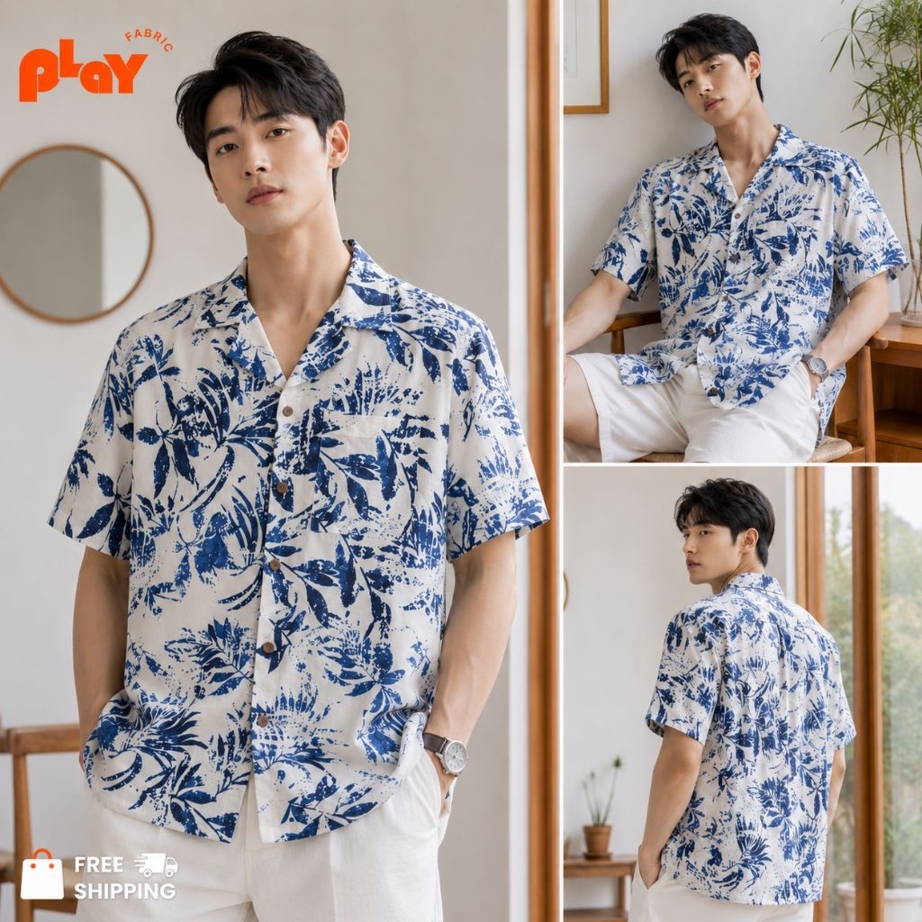 [New Arrival] เสื้อฮาวายโทนครีมลายใบไม้สีน้ำเงิน (Indigo Island) ผ้าไหมฝรั่งเศส ให้ลุคสะอาดตา ดูดีแบบมินิมอล ใส่สบาย