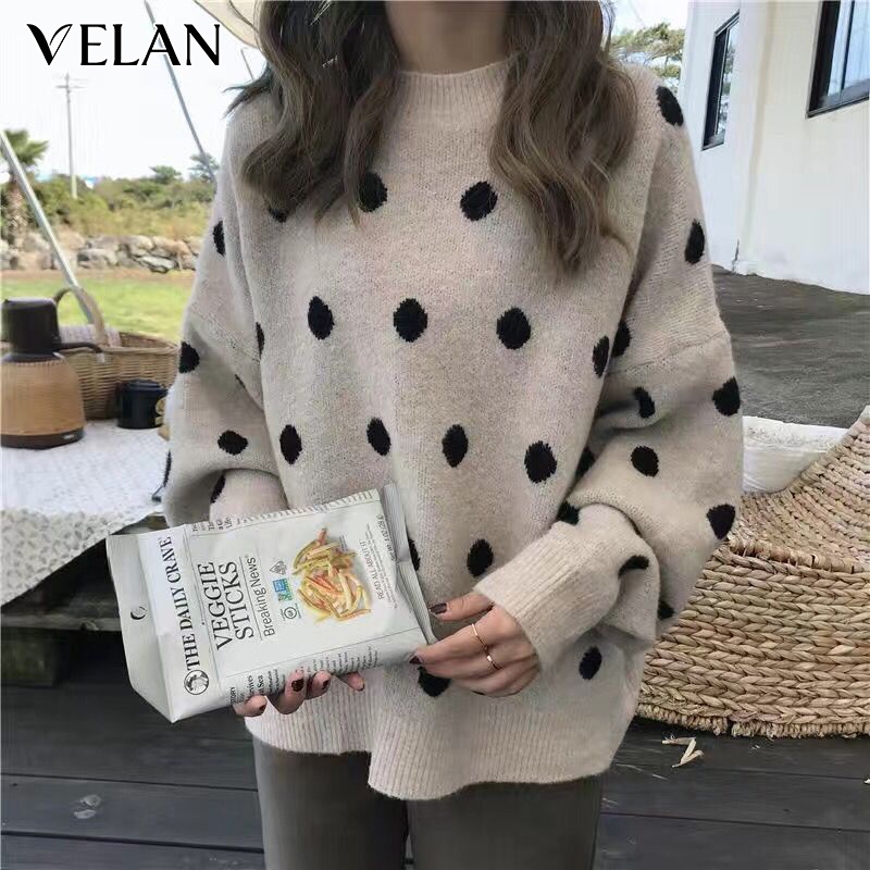 [พร้อมส่ง]เสื้อกันหนาวแขนยาว หลวม ย้อนยุคคลื่นจุดหนา สไตล์เกาหลี สําหรับผู้หญิง
