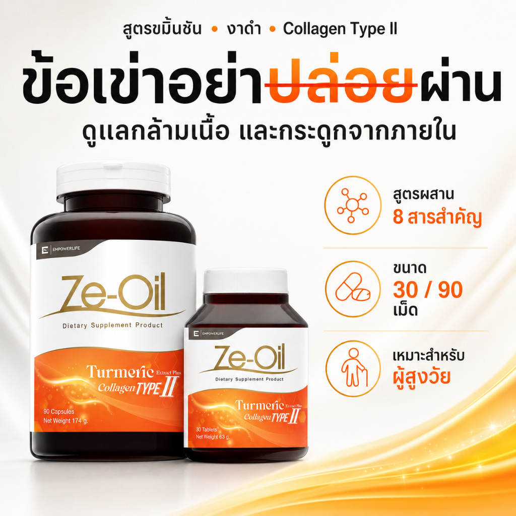 ZE-OIL TURMERIC อาหารเสริมข้อเข่า กล้ามเนื้อ กระดูก สูตรขมิ้นชัน งาดำ Vitamin D3 คอลลาเจน Type II