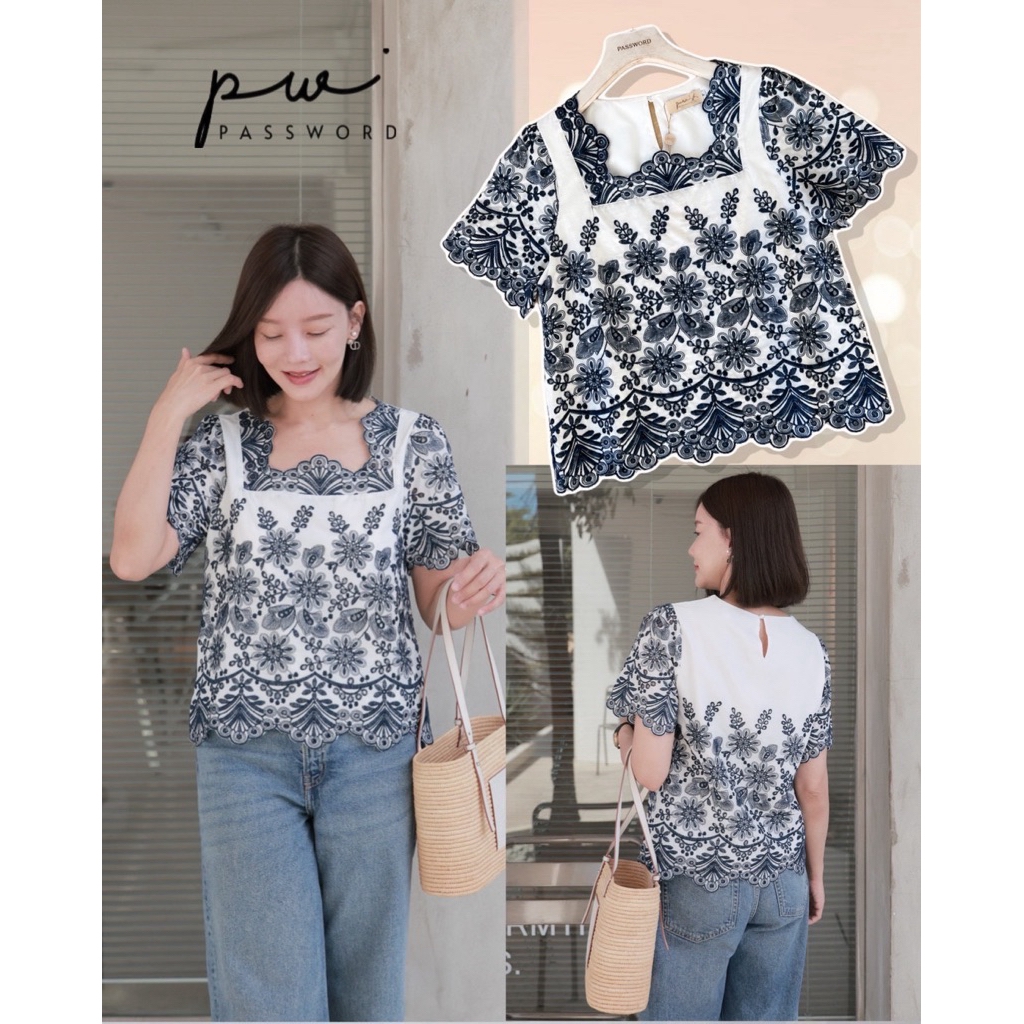 Password 6366 เสื้อคอเหลี่ยมผ้าคอตตอนปักฉลุลายดอกไม้สีน้ำเงินเข้ม