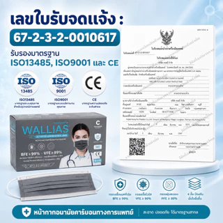 หน้ากากอนามัยคาร์บอน ยี่ห้อ Wallias หนา 4 ชั้น Activated Carbon Medical Mask แมสก์กันฝุ่น PM2.5 1 กล่องมี30ชิ้น