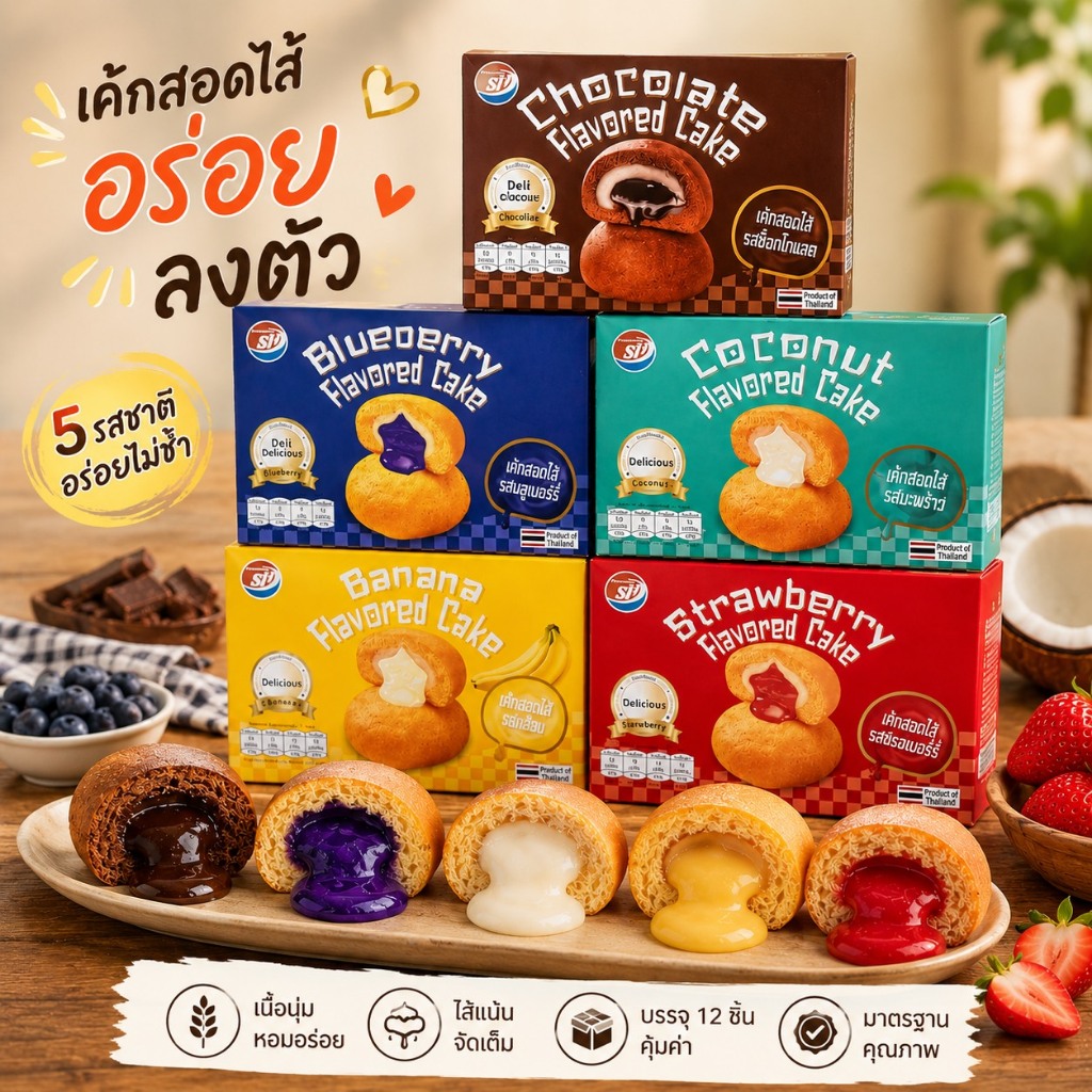 SHENGHUA เค้กสอดไส้ สตรอว์เบอร์รี่/บลูเบอร์รี่/มะพร้าว/กล้วย/ช็อคโกแลต 30g/ซอง (สั่งออเดอร์ละ 1 ลัง)