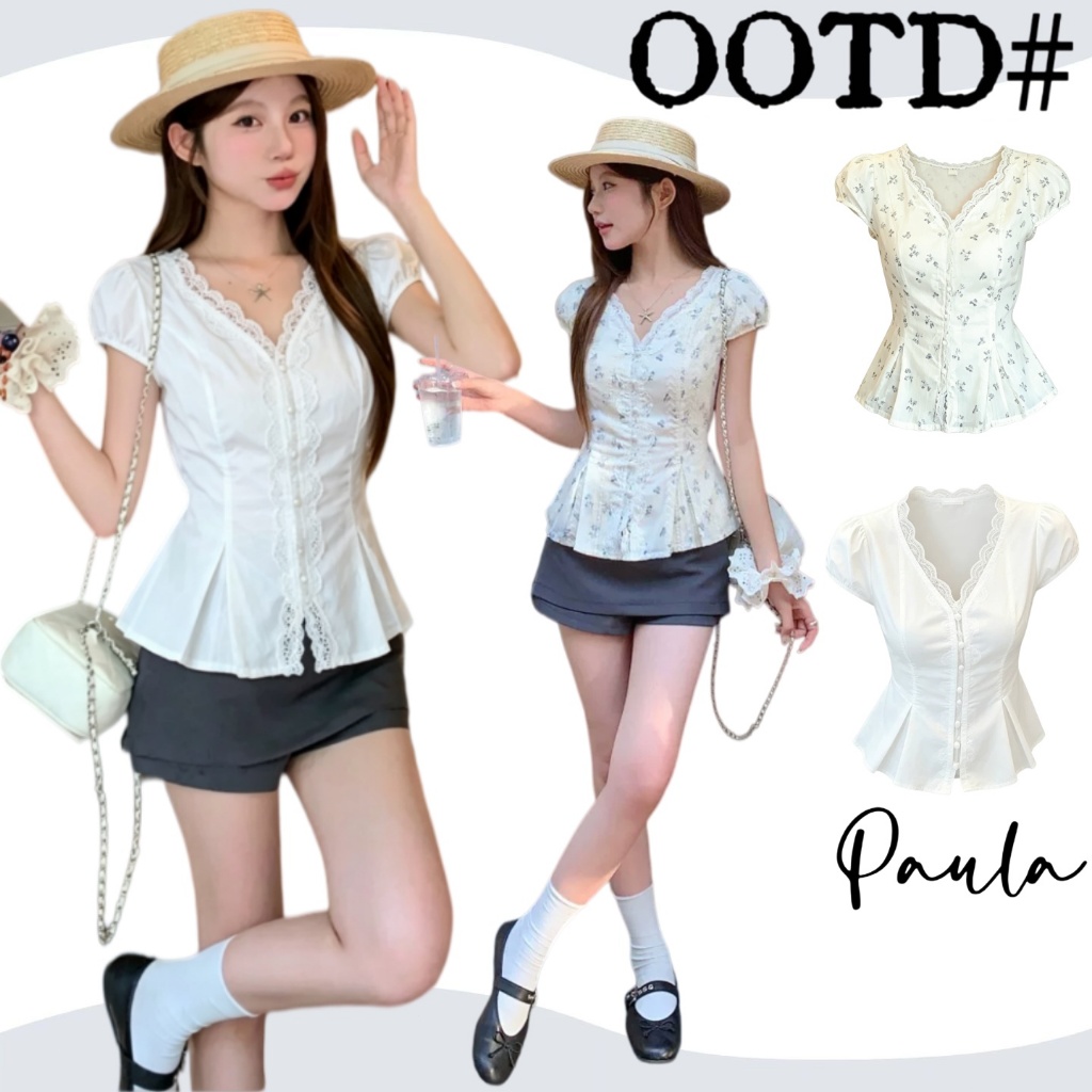 Paula พร้อมส่ง🌴เสื้อเชิ้ตแขนสั้นพัฟ🌴คอวีแต่งลูกไม้ ทรงรัดเอว กระบอกปลายเสื้อ สไตล์ฝรั่งเศส น่ารักเรียบหรู แฟชั่นผู้หญิง