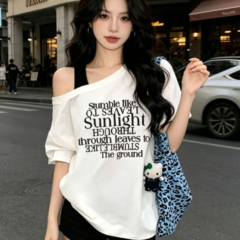 COD-ขายดี-เสื้อไหล่เดียวแขนสั้นผู้หญิงสไตล์เกาหลี ทรงหลวมปกปิดท้อง สไตล์ชิคใส่ไปทำงานได้ ฤดูร้อนเข้ากับทุกลุค-มีหลายสี