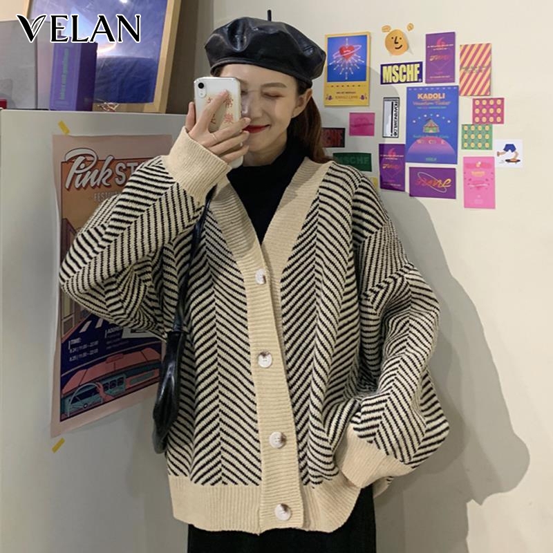 [พร้อมส่ง]เสื้อคลุมไหมพรม แขนยาว คอวี เสื้อสเวตเตอร์ลายทาง เกาหลี คาร์ดิแกน เพิ่มความหนา สําหรับผู้หญิง ส่งไวจากไทย