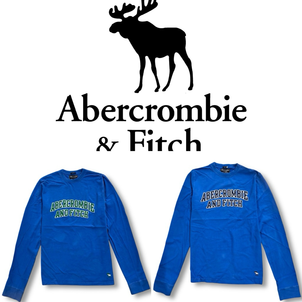 เสื้อยืดแขนยาว Abercrombie & Fitch(LU168)แท้ สีน้ำเงิน ทรง Muscle Fit ปักโลโก้อักษรหน้าอก ผ้าคอตตอน 