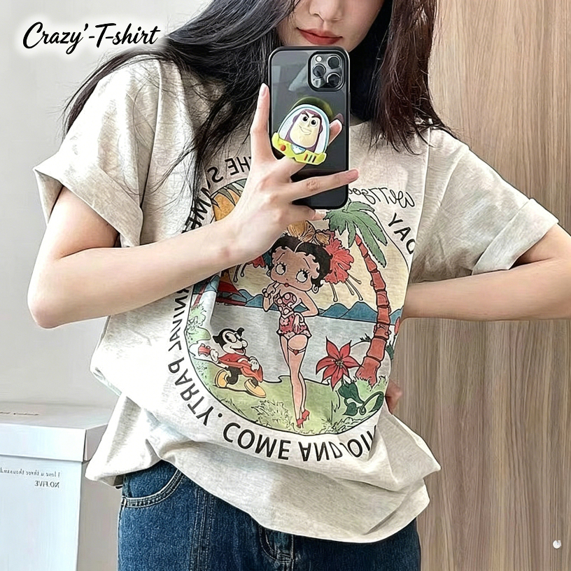 Crazy` T-shirt เสื้อยืดลําลองสําหรับสตรี ผ้าฝ้าย 100% แขนสั้น พิมพ์ลาย ขนาดพลัส ทรงหลวม