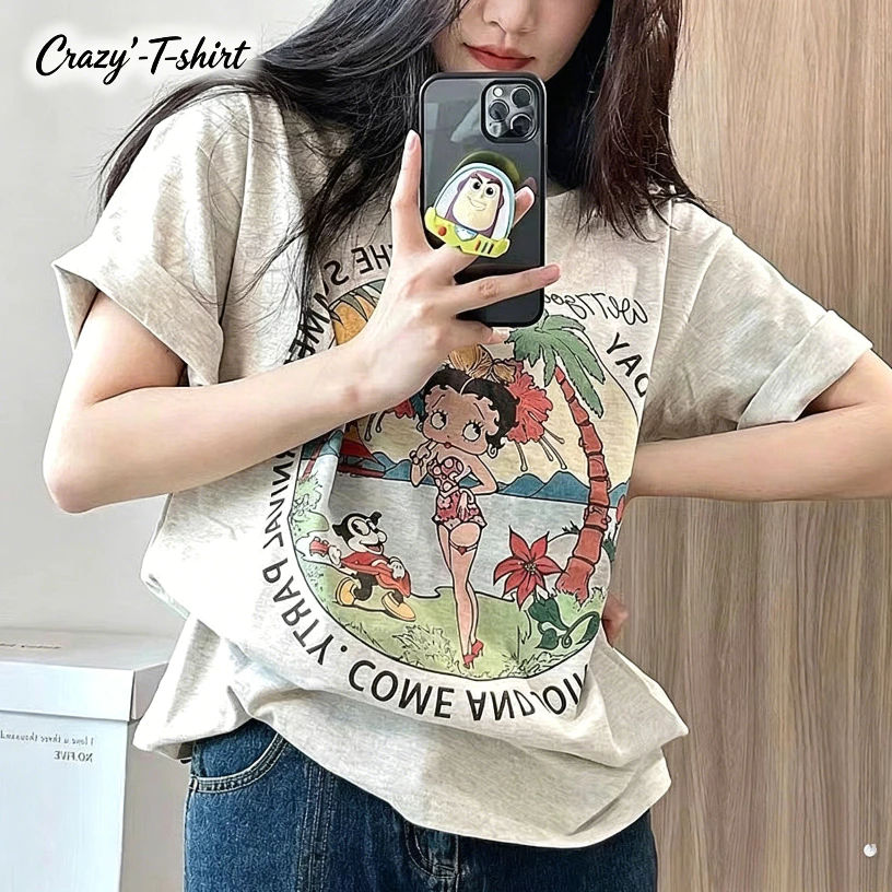 Crazy` T-shirt เสื้อยืดลําลองสําหรับสตรี ผ้าฝ้าย 100% แขนสั้น พิมพ์ลาย ขนาดพลัส ทรงหลวม