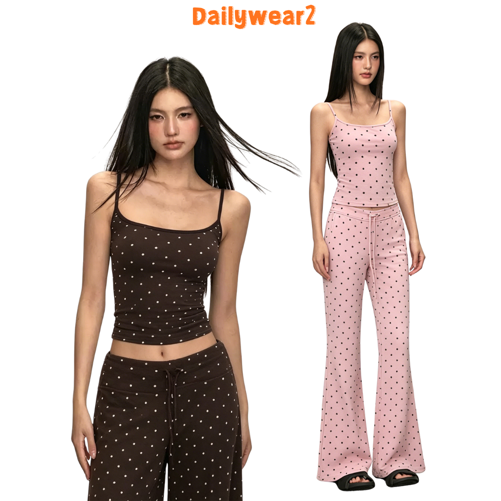 Dailywear พร้อมส่ง ✨ชุดเซตลายจุด สายเดี่ยว กางเกงสูงเอว ผ้ายืดนุ่มผอม