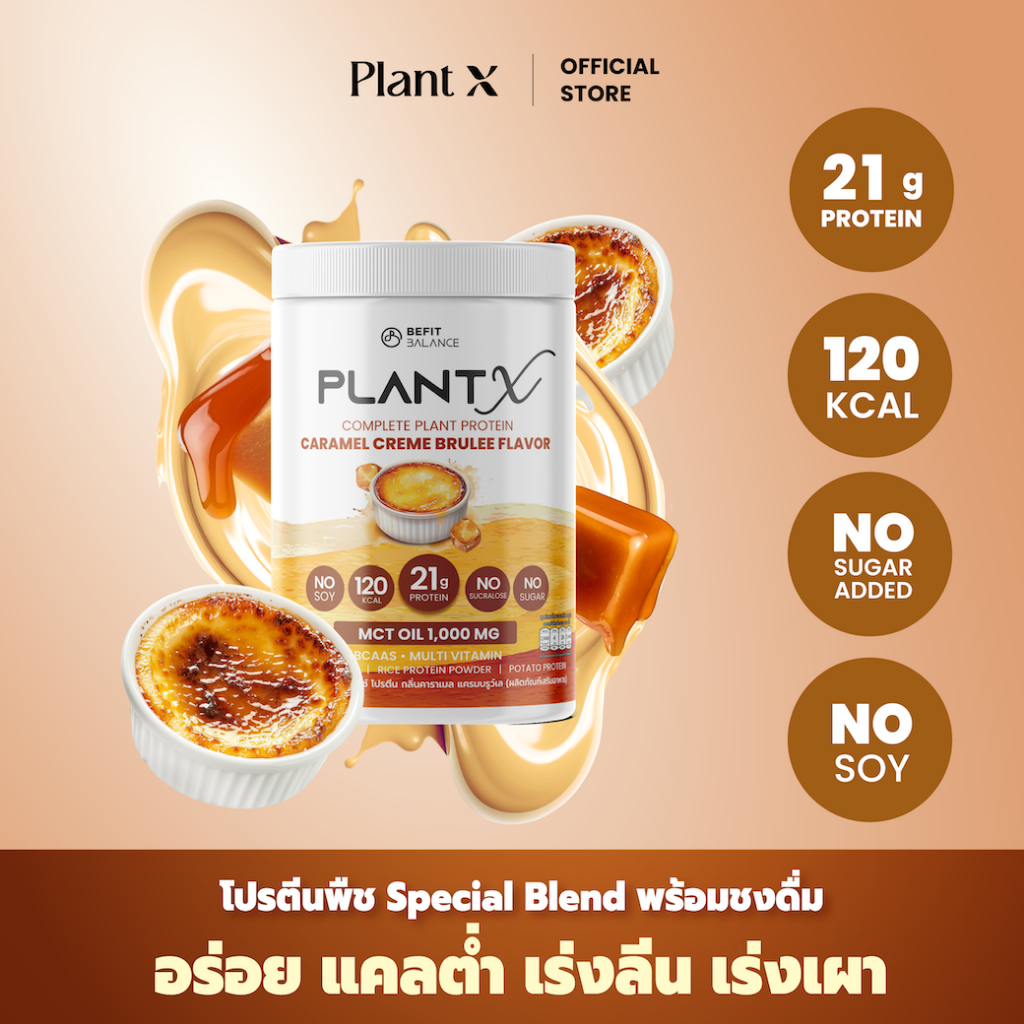 PLANT X CARAMEL CRÈME BRULEE FLAVOR โปรตีน 21 กรัม 120 แคลอรี่ PLANT-BASE PROTEIN