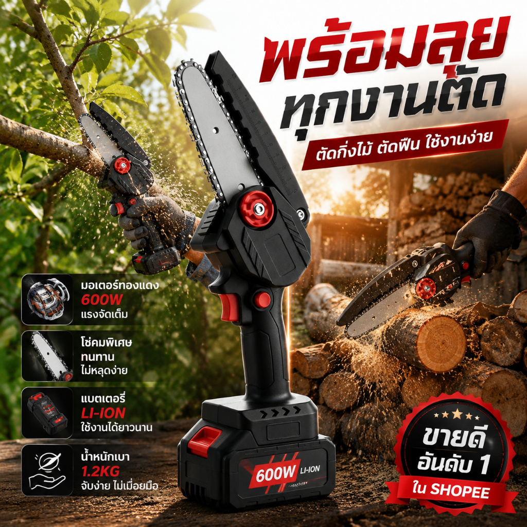 💥NEW💥เลื่อยโซ่ไร้สาย 6 นิ้ว 21V แบตเตอรี่ลิเธียม ตัดกิ่งไม้ ตัดฟืน เลื่อยไฟฟ้า ใช้งานมือเดียว ปรับโซ่ง่าย