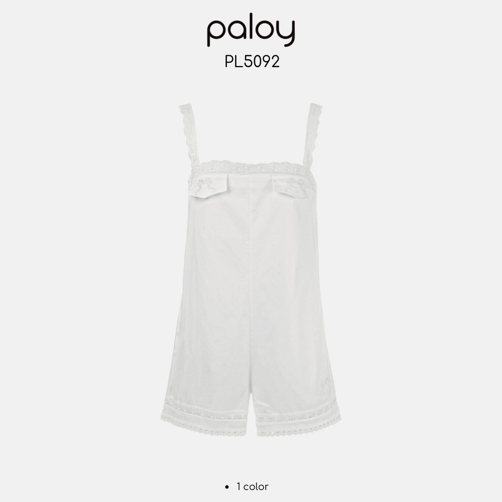 Paloy - PL5092 Beloved jumpsuit จั๊มสูทขาสั้น ซิปข้าง แต่งลูกไม้ Detail ช่วงอกแต่งกระเป๋าปักลายโบว์
