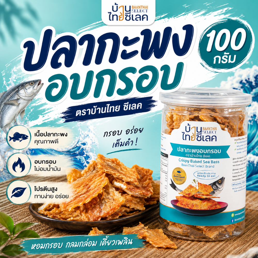 ปลากะพงอบกรอบ (Crispy Baked Sea Bass) กระปุกกลม ขนาด 100 กรัม