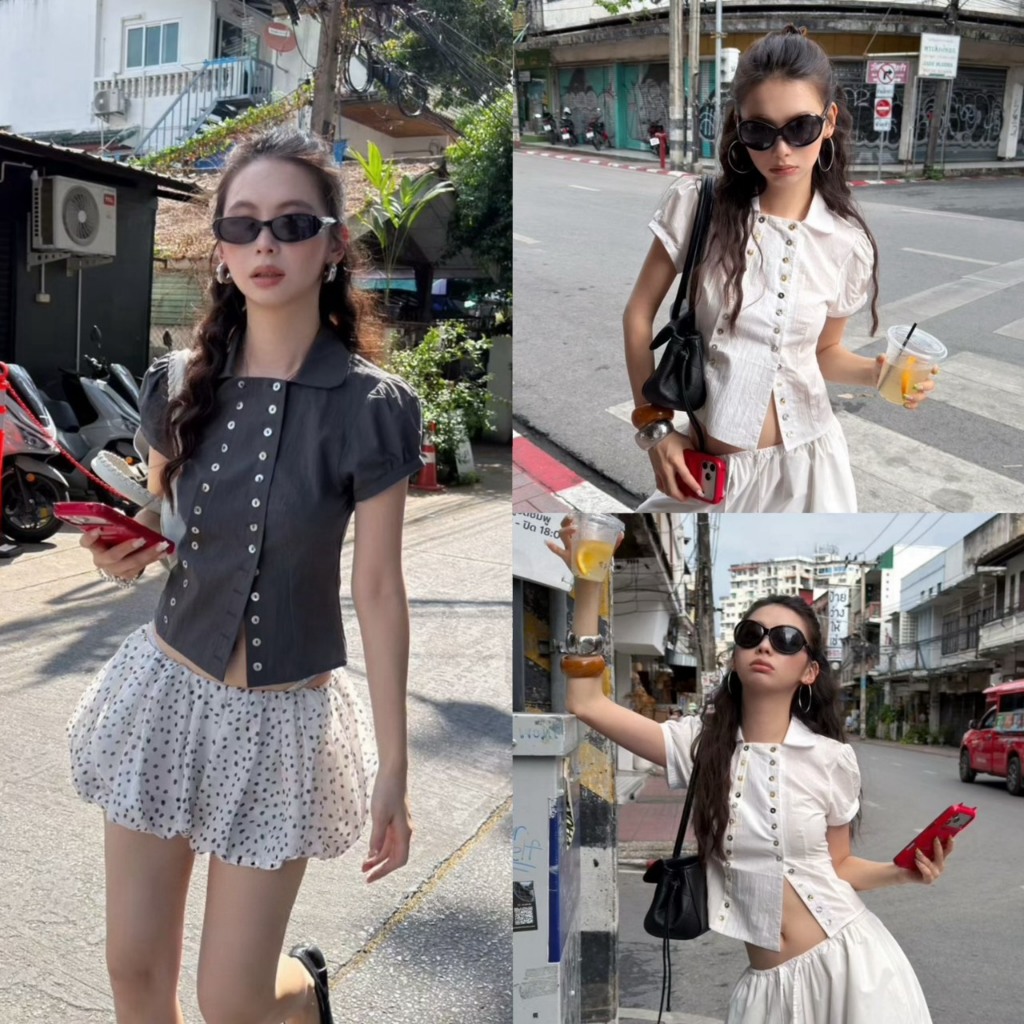 MONA BUTTON เสื้อแต่งปกกระดุมคู่ - 26C377 TAG MM FISH 🇰🇷
