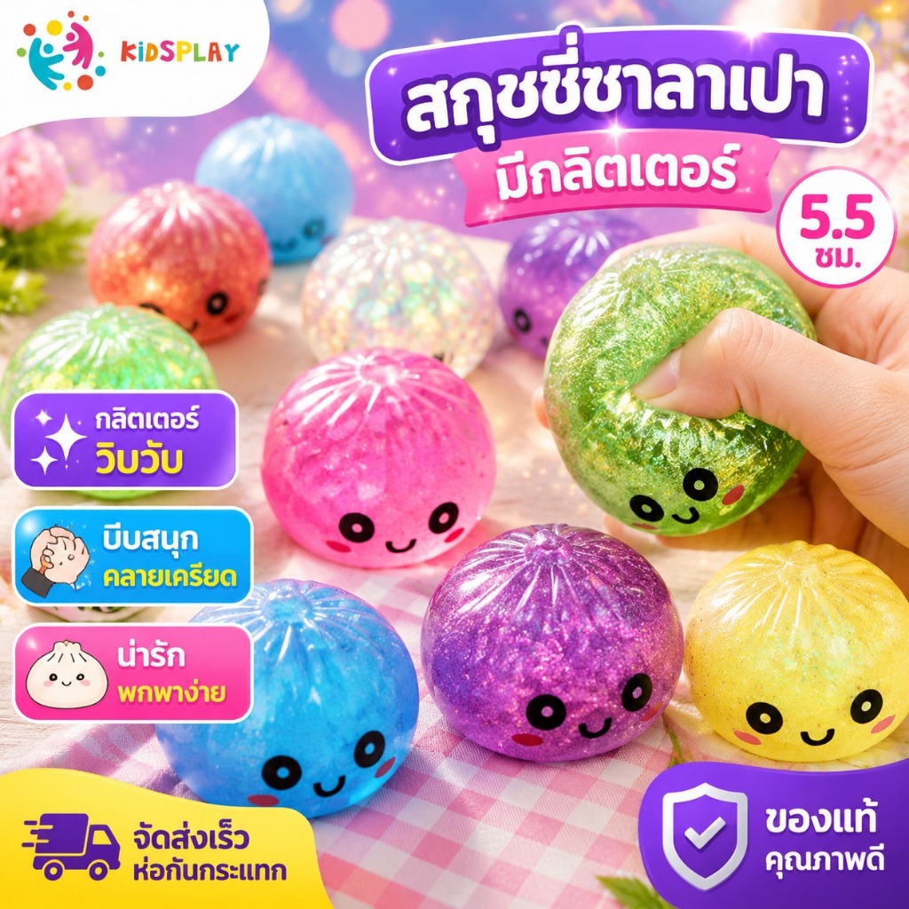 ของเล่นสกุชชี่ซาลาเปา 5.5 ซม. สีสันสดใสมีกลิตเตอร์ ลูกบอลบีบคลายเครียด ขนาดเล็ก