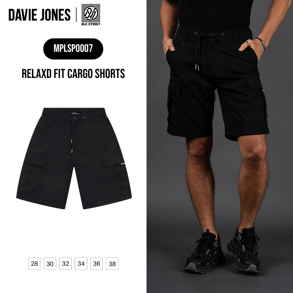 DAVIE JONES [BLK STREET] กางเกงคาร์โก้ขาสั้นผู้ชาย Relax Fit Cargo Shorts สีดำ SP0007