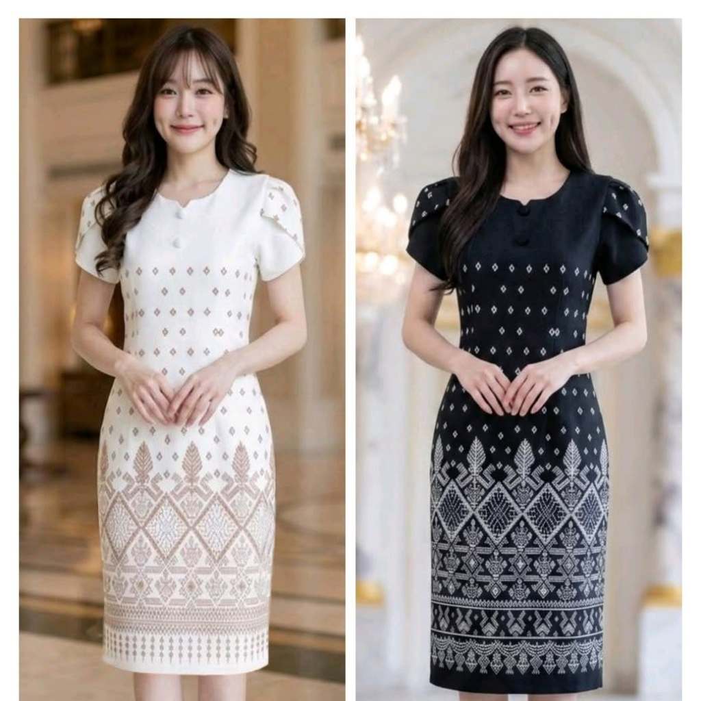 ชุดเดรสผ้าไทย แขนบัว  ใส่ทำงาน ใส่ออกงาน  สวยดูดีเรียบร้อย เนื้อผ้าฝ้ายอัดกาว