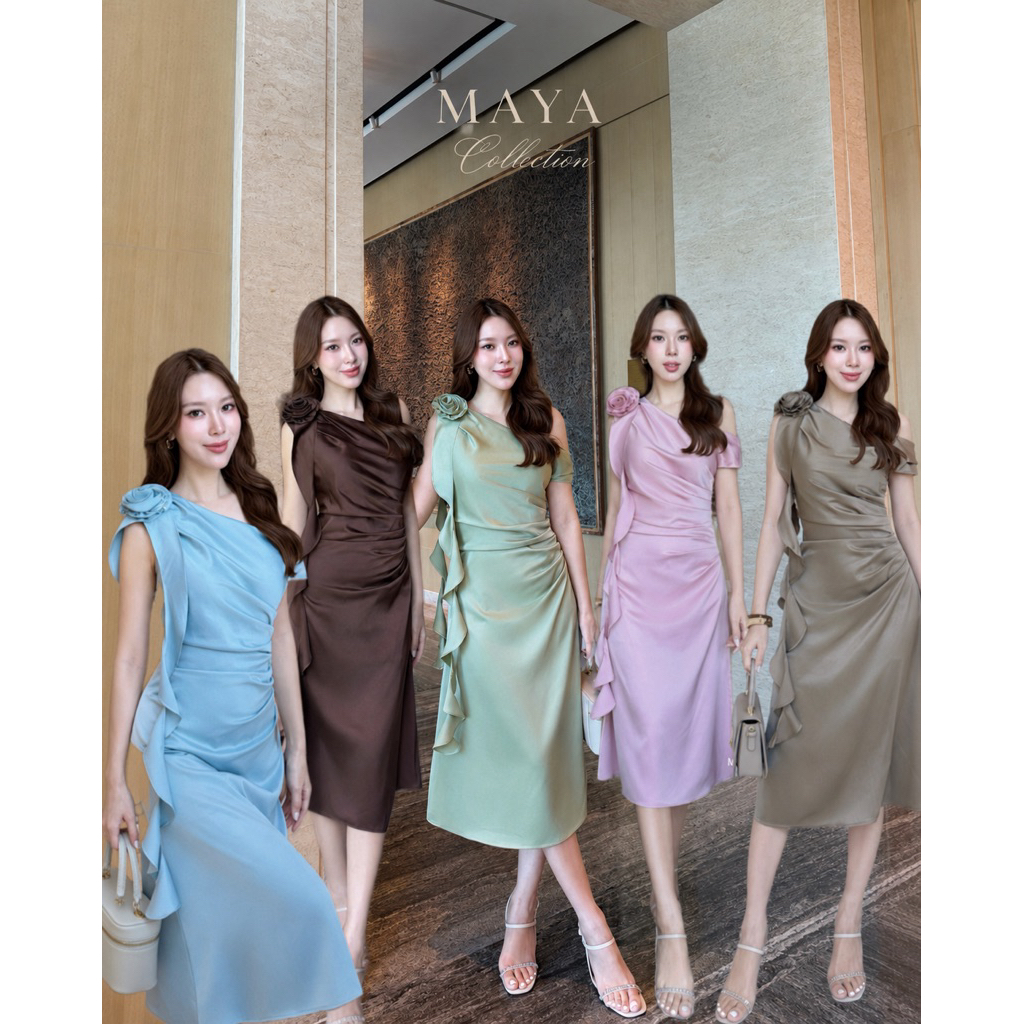 ชุดไปงานแต่ง ชุดไปปาร์ตี้ ชุดงานเช้าMAYA s-xl  มาพร้อมกับดอกไม้เดรปช่วงเอว  G155