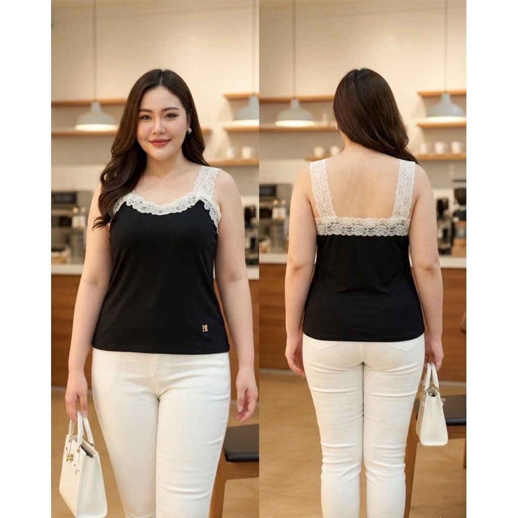 ย 08 ใหม่ เสื้อสายเดี่ยวยูนิโคล่แต่งผ้าลูกไม้ยืดสาวอวบ ใส่สบายทั้งตัว
