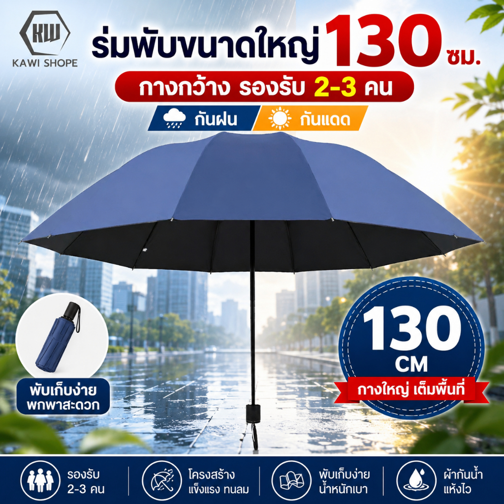 ร่ม 130CM ความกว้าง สีพื้น กันฝนกันแดดกันUV พกพาสะดวก น้ำหนักเบา Umbrella