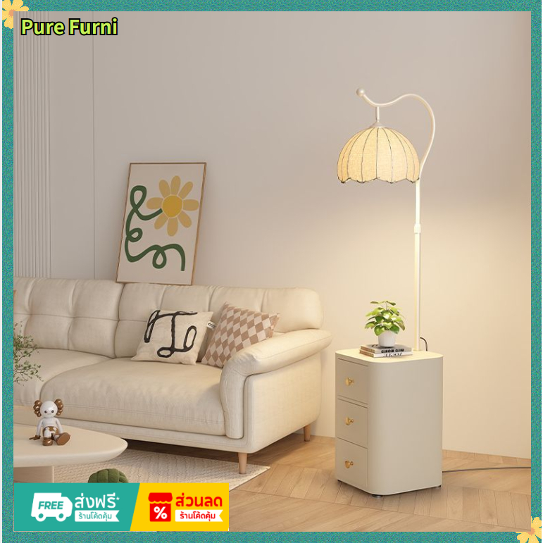 รุ่นใหม่ โคมพื้น floor lamp สีหลอดไฟ นํา ด้วยชั้นวาง สำหรับห้องนั่งเล่นห้องนอนสำนักงาน(ไม้เนื้อแข็ง + หนัง)