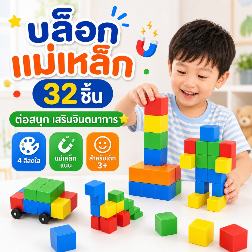 KiKi ตัวต่อแม่เหล็ก 32 ชิ้น บล็อกแม่เหล็ก ของเล่นเสริมพัฒนาการ ฝึกสมาธิ เสริมจินตนาการ สำหรับเด็ก 3 ปีขึ้นไป