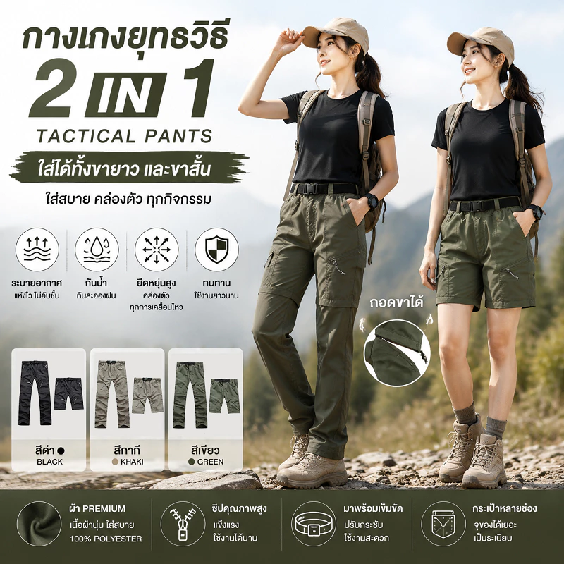 [COD]กางเกงเดินป่าสำหรับผู้หญิงแบบ 2-in-1 (ถอดขาได้) – แห้งไว กันละอองน้ำ ยืดหยุ่นได้ สไตล์คาร์โก้