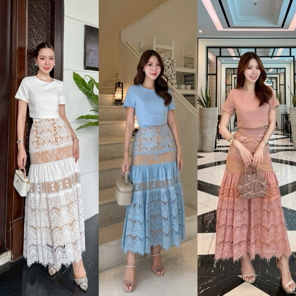 เซทเสื้อแขนสั้นคอกลมทรงเข้ารูป มาพร้อมกระโปรงลูกไม้ซีทรูเกรดพรีเมียมตัดเย็บเป็นชั้นๆ #abi