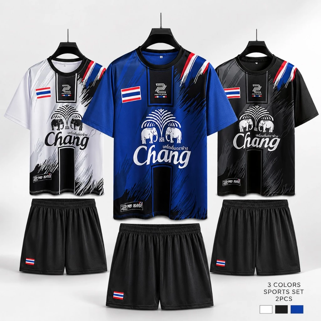 ชุดกีฬาผู้ชาย เสื้อฟุตบอลแขนสั้น + กางเกงขาสั้น ลายสปอร์ต ลายธงไทย ใส่วิ่ง ฟิตเนส ใส่เที่ยว