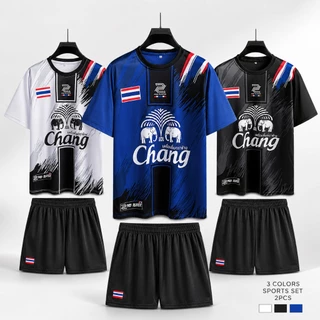 ชุดกีฬาผู้ชาย เสื้อฟุตบอลแขนสั้น + กางเกงขาสั้น ลายสปอร์ต ลายธงไทย ใส่วิ่ง ฟิตเนส ใส่เที่ยว