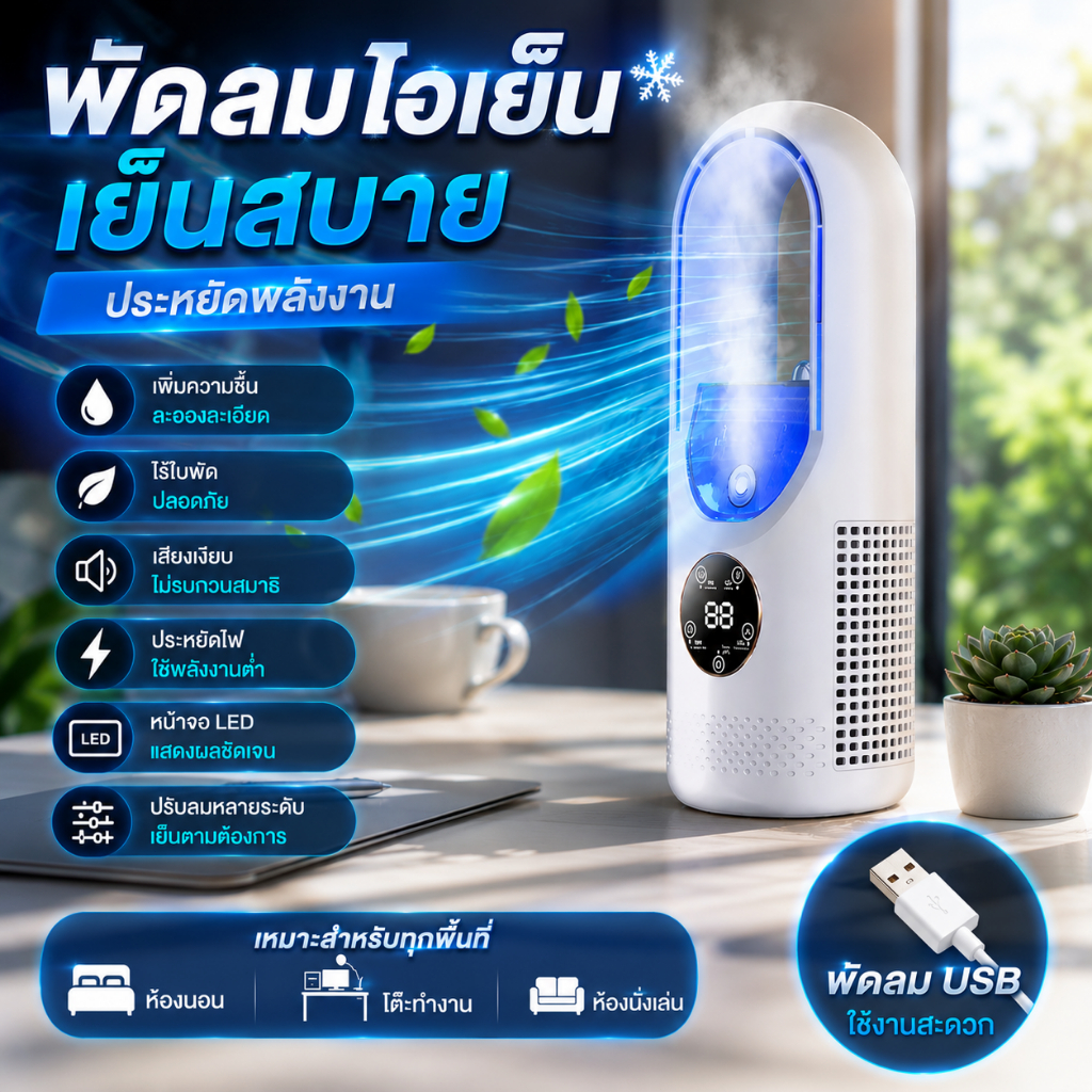 พัดลมไอเย็นพกพา เพิ่มความชื้น ละอองละเอียด ประหยัดไฟ