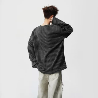 💥BecoolMan💥วินเทจสไตล์อเมริกัน คอวีแขนยาว เนื้อรูปร่างก้างปลา เสื้อยืดทรงหลวม แมทช์ง่าย คู่รัก การพักผ่อน เทรนด์