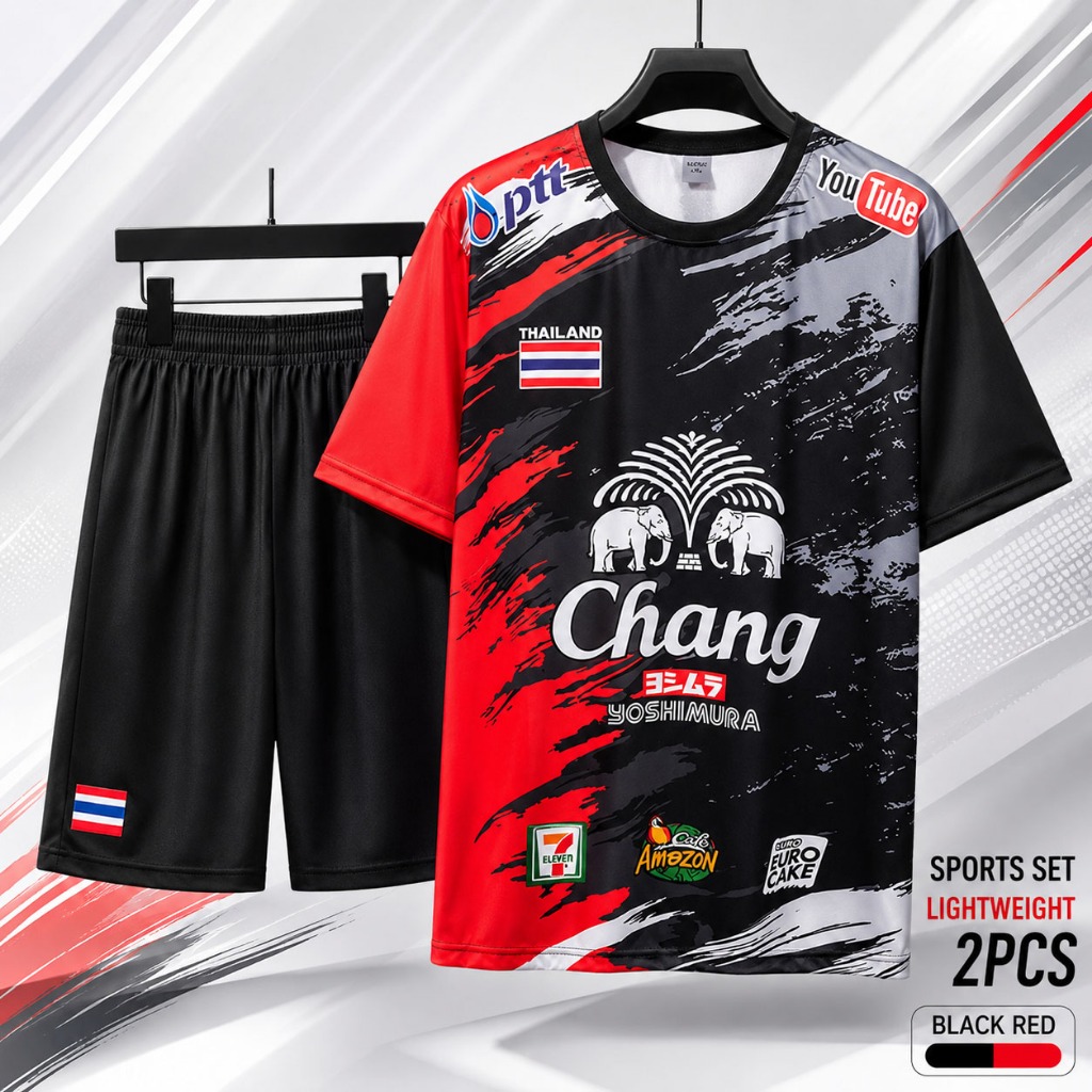 ชุดกีฬาผู้ชาย เสื้อฟุตบอลแขนสั้น + กางเกงขาสั้น ลายสปอร์ต ลายธงไทย ใส่วิ่ง ฟิตเนส ใส่เที่ยว