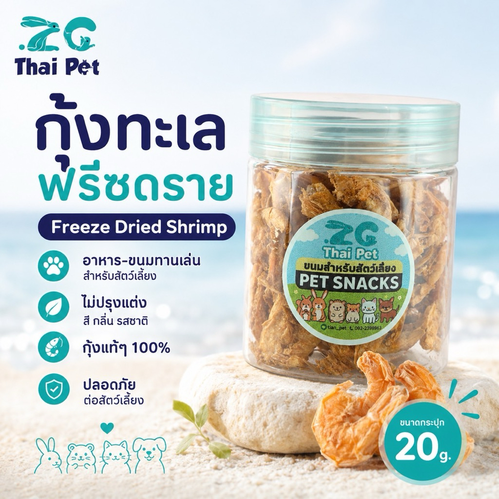 [ZC89] กุ้งทะเลฟรีซดราย Freeze-Dried Sea Shrimps ขนม-อาหารทานเช่นสำหรับสัตว์เลี้ยง กระปุก 20 g.