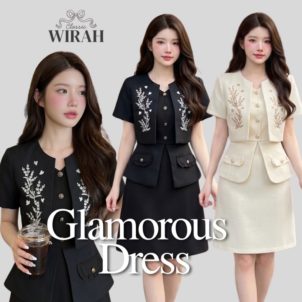DW484 Glamorous Dress  ชุดเดรสสั้น ผ้าทอทวิตทอลายข้าวหลามตัด ด้านหน้ากั๊กเปืดได้คอกลม ที่กั๊กด้านหน้าแต่งงานปักลายดอกไม้