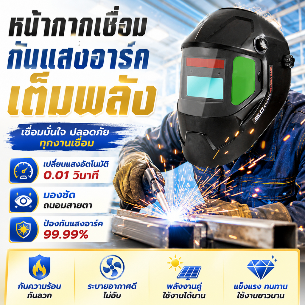 【กรองแสงที่เป็นอันตรายได้ 99%】หน้ากากเชื่อม หน้ากากเชื่อมออโต้ แบบสวม ปรับแสงอัตโนมัติ พับขึ้น-ลงได้ 180 องศา