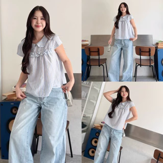 🌻เสื้อคอบัวแขนสั้นแต่งจีบหน้าย่นอก สไตล์เกาหลี น่ารัก ใส่สบาย ผู้หญิง (Cookies bear)