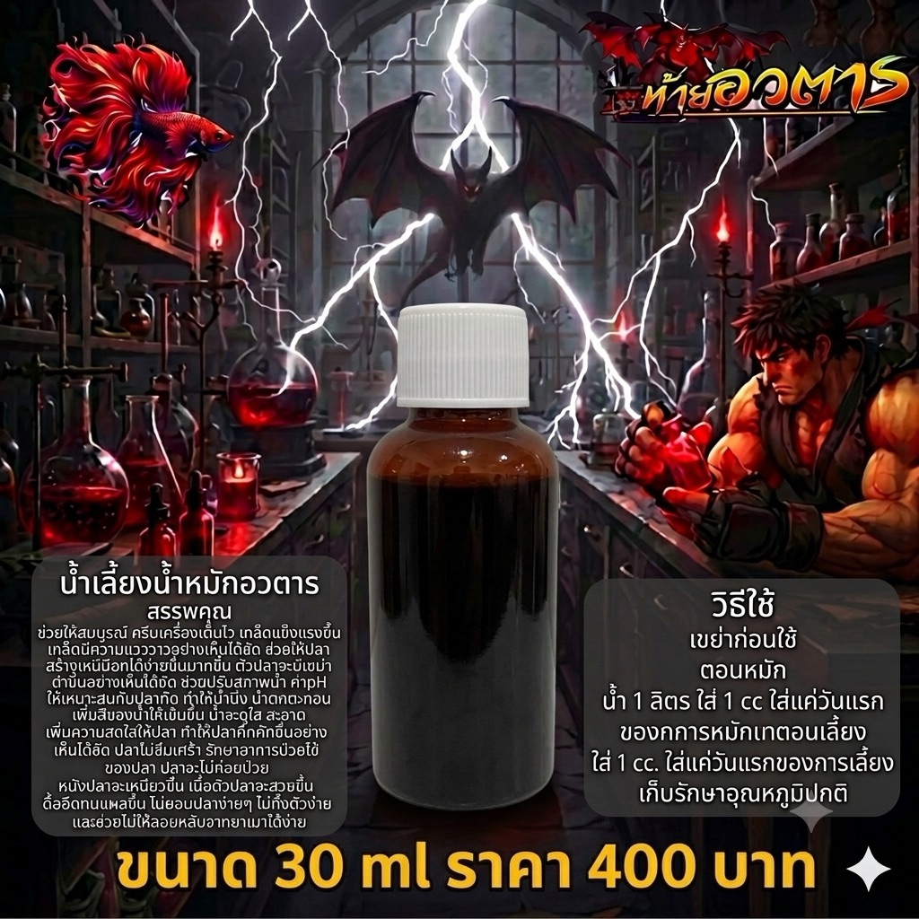 น้ำเลี้ยงน้ำหมักอวตาร (30 ml) ใช้แทนนใบหูกวาง สีเสียด สูตรปลาสมบูรณ์ เกร็ดแข็ง กันเมา กันโรค