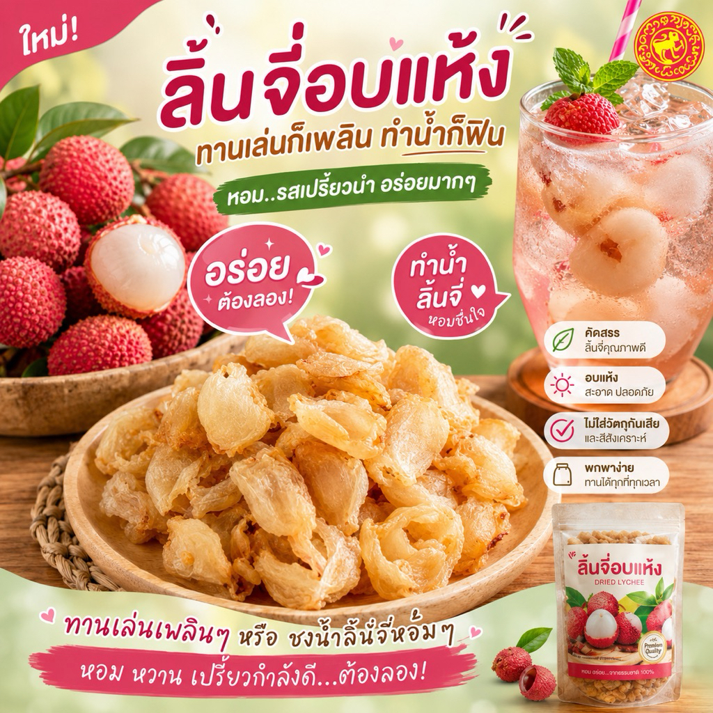 ลิ้นจี่อบแห้ง ไม่มีน้ำตาล อบธรรมชาติ