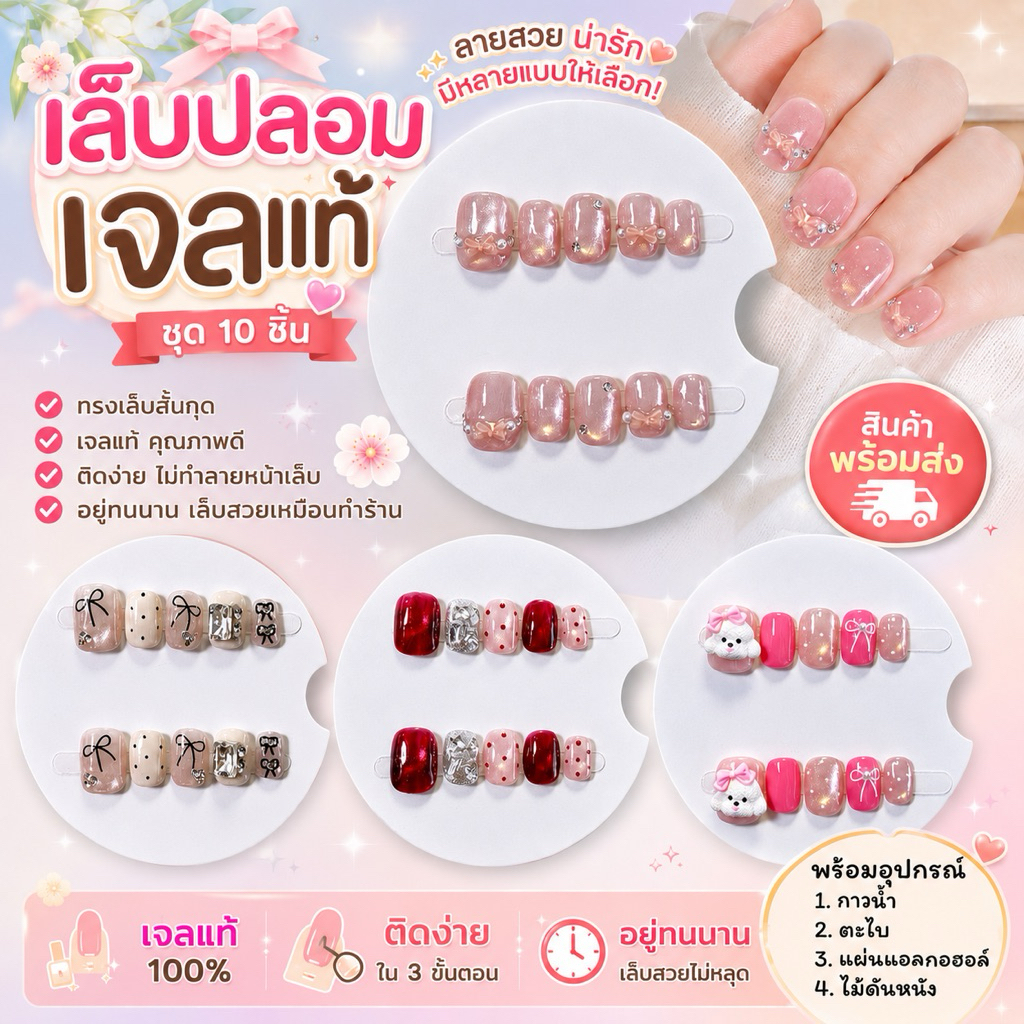 ลายใหม่เล็บปลอมเจล ทรงสั้นกุด ชุด 10 ชิ้น เล็บปลอมสำเร็จรูป พร้อมอุปกรณ์ติด งานแฟชั่น น่ารัก ลูกแก้ว cat eyes กันน้ำ