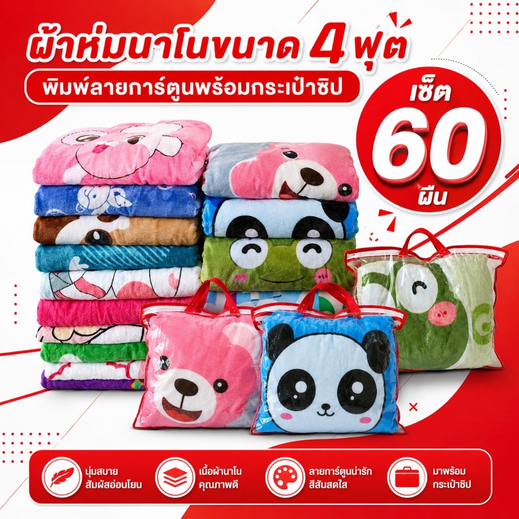เซ็ต60ผืน ผ้าห่มนาโน 4 ฟุตลายการ์ตูนคละลาย
