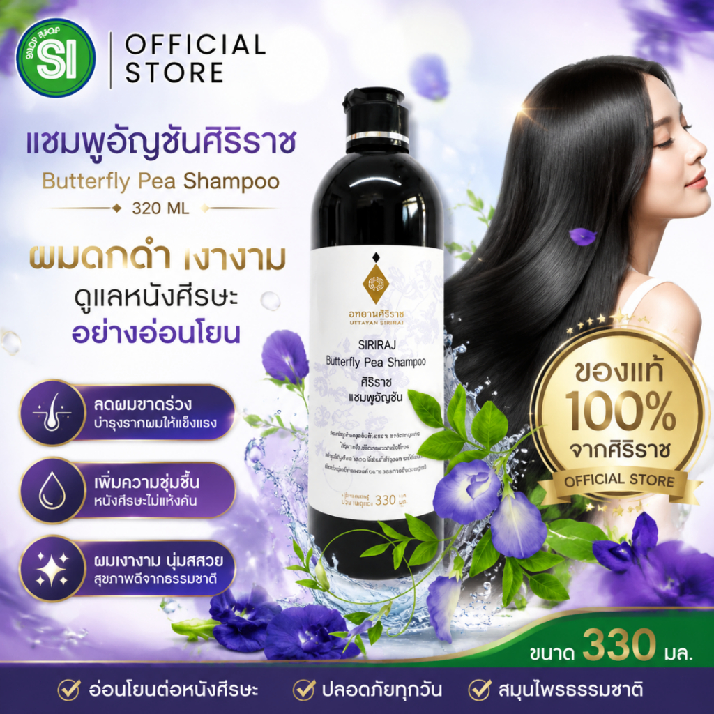 Siriraj Butterfly Pea Shampoo 330ml.แชมพูอัญชัน ศิริราช บำรุงผมดกดำ เงางาม