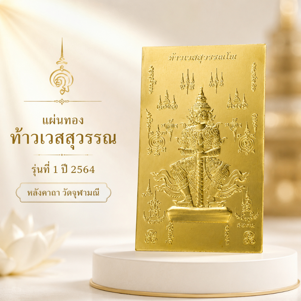 แผ่นทองท้าวเวสสุวรรณ รุ่นที่ 1 ปี 2564 หลังคาถา วัดจุฬามณี ปั๊มนูน ขนาด 6x9 ซม. (1 แถม 1) เสริมสิริมงคล