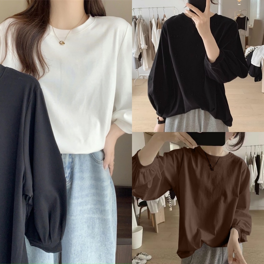 Beryl เสื้อยืดแขนบอลลูนแฟชั่นมาใหม่สวยๆ เสื้อยืดแขนยาวผู้หญิงสไตล์เกาหลี ลำลองทรงหลวม คอกลม
