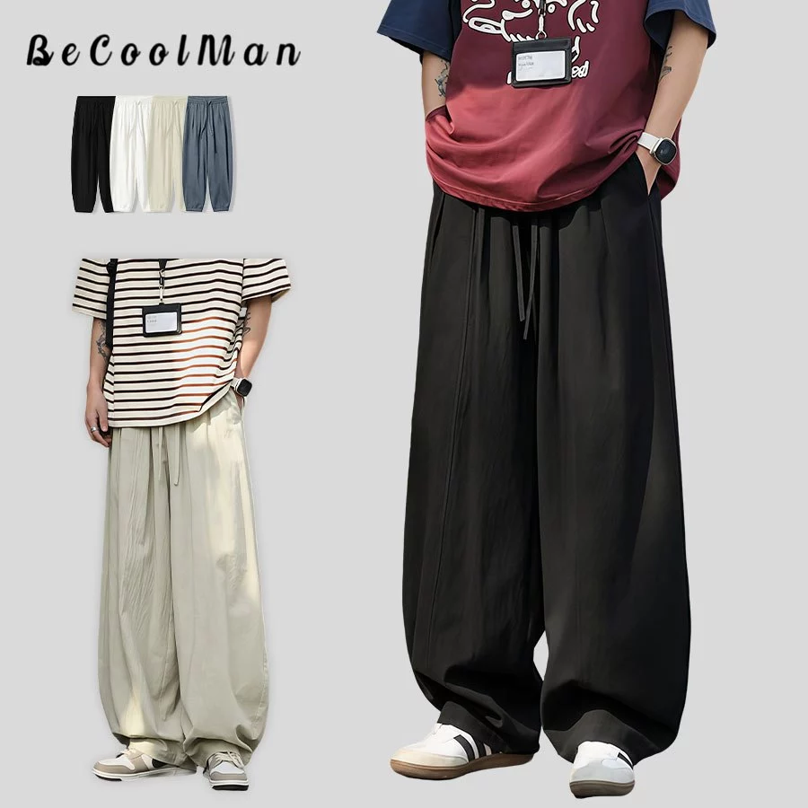 💥BecoolMan💥ฤดูร้อน กางเกงผู้ชาย รุ่นบาง กางเกงขากว้างสีล้วน แมทช์ง่าย การพักผ่อน ความรู้สึกทิ้งตัว สไตล์ชิวๆ